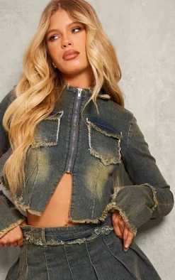 Vintage Wash Frayed Detail Zip Up Shirt