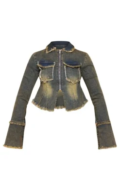 Vintage Wash Frayed Detail Zip Up Shirt