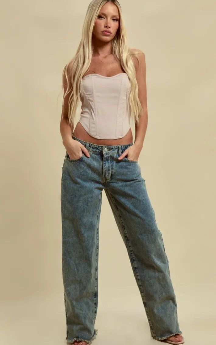 Vintage Wash Frayed Hem Boyfriend Jeans