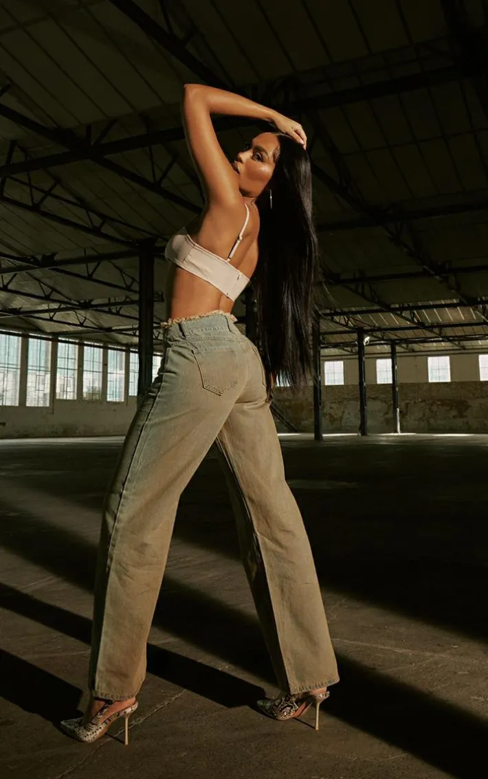 Vintage Wash Frayed Waistband Wide Leg Jeans