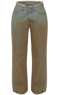 Vintage Wash Frayed Waistband Wide Leg Jeans