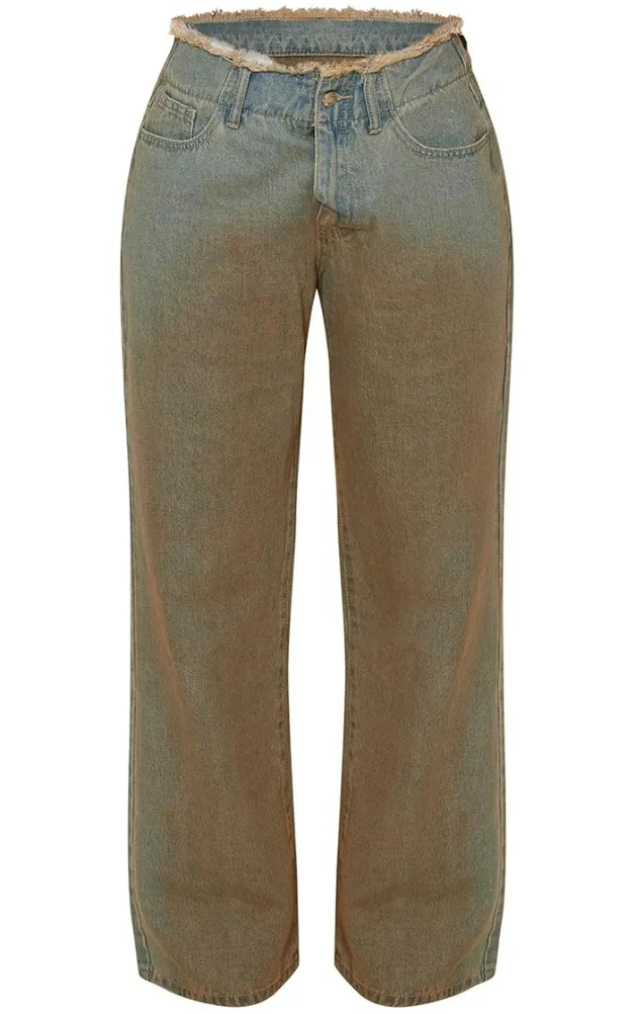 Vintage Wash Frayed Waistband Wide Leg Jeans
