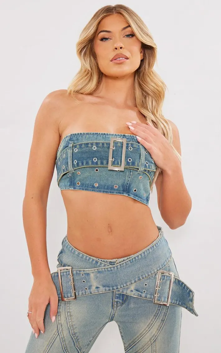 Vintage Wash Green Tint Belt Detail Denim Bandeau Crop Top