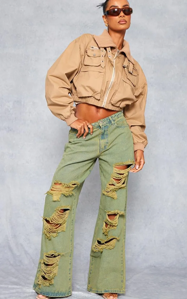 Vintage Wash Green Tint Distressed Extreme Wide Leg Jeans