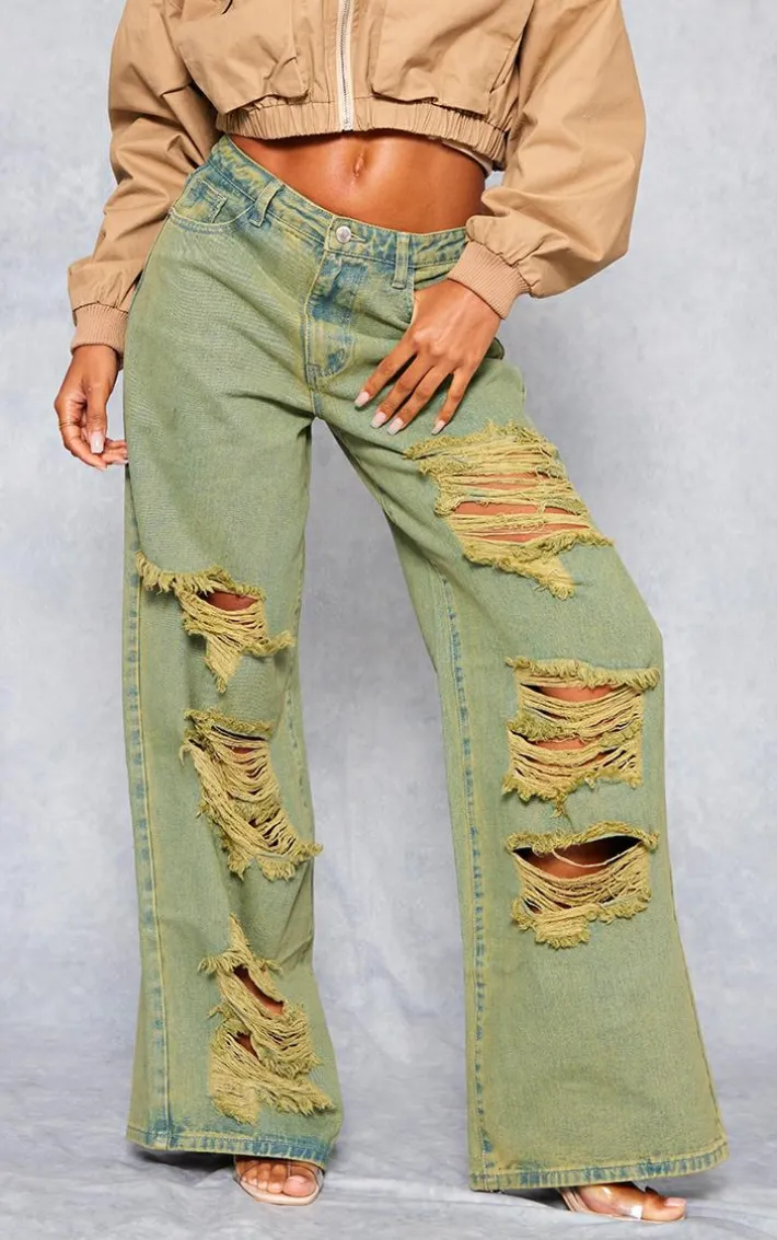 Vintage Wash Green Tint Distressed Extreme Wide Leg Jeans