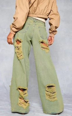 Vintage Wash Green Tint Distressed Extreme Wide Leg Jeans