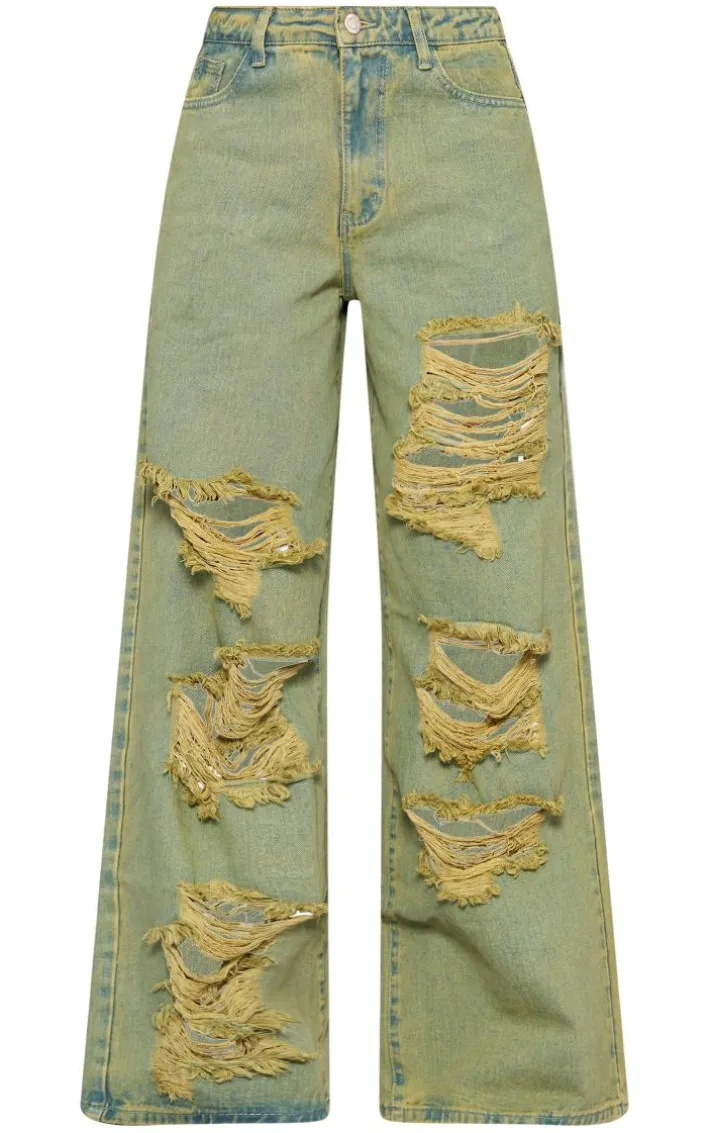 Vintage Wash Green Tint Distressed Extreme Wide Leg Jeans