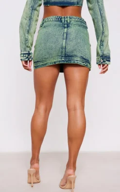 Vintage Wash Green Tint Low Rise Denim Mini Skirt