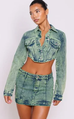 Vintage Wash Green Tint Low Rise Denim Mini Skirt