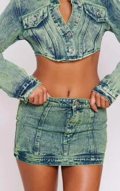 Vintage Wash Green Tint Low Rise Denim Mini Skirt