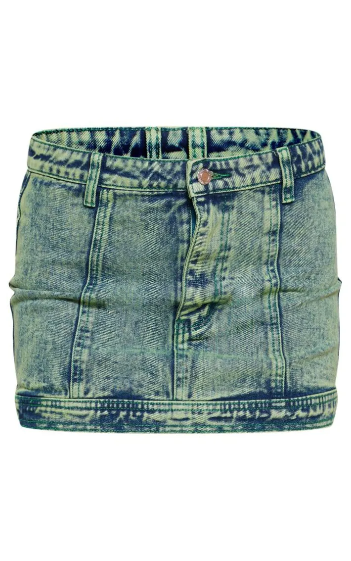 Vintage Wash Green Tint Low Rise Denim Mini Skirt
