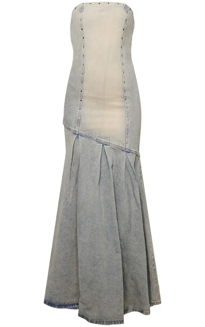 Vintage Wash Green Tint Studded Seam Detail Frill Hem Denim Maxi Dress