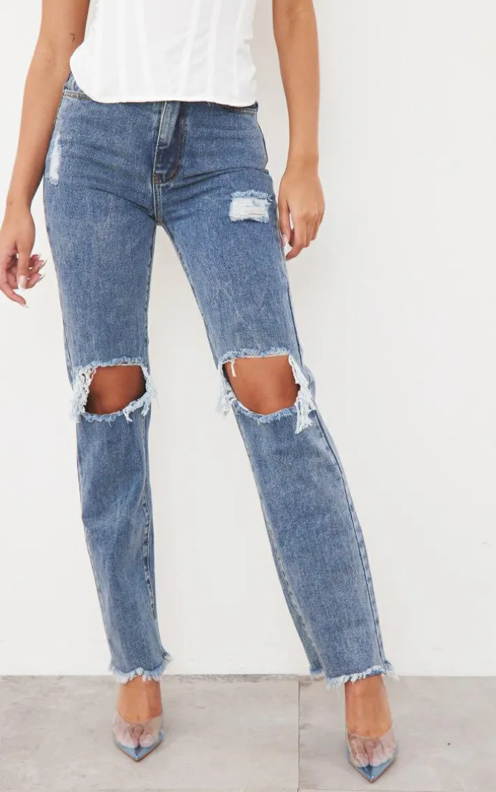 Vintage Wash High Rise Ripped Straight leg Jeans