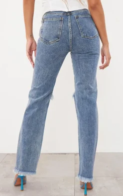 Vintage Wash High Rise Ripped Straight leg Jeans