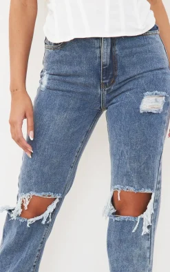 Vintage Wash High Rise Ripped Straight leg Jeans