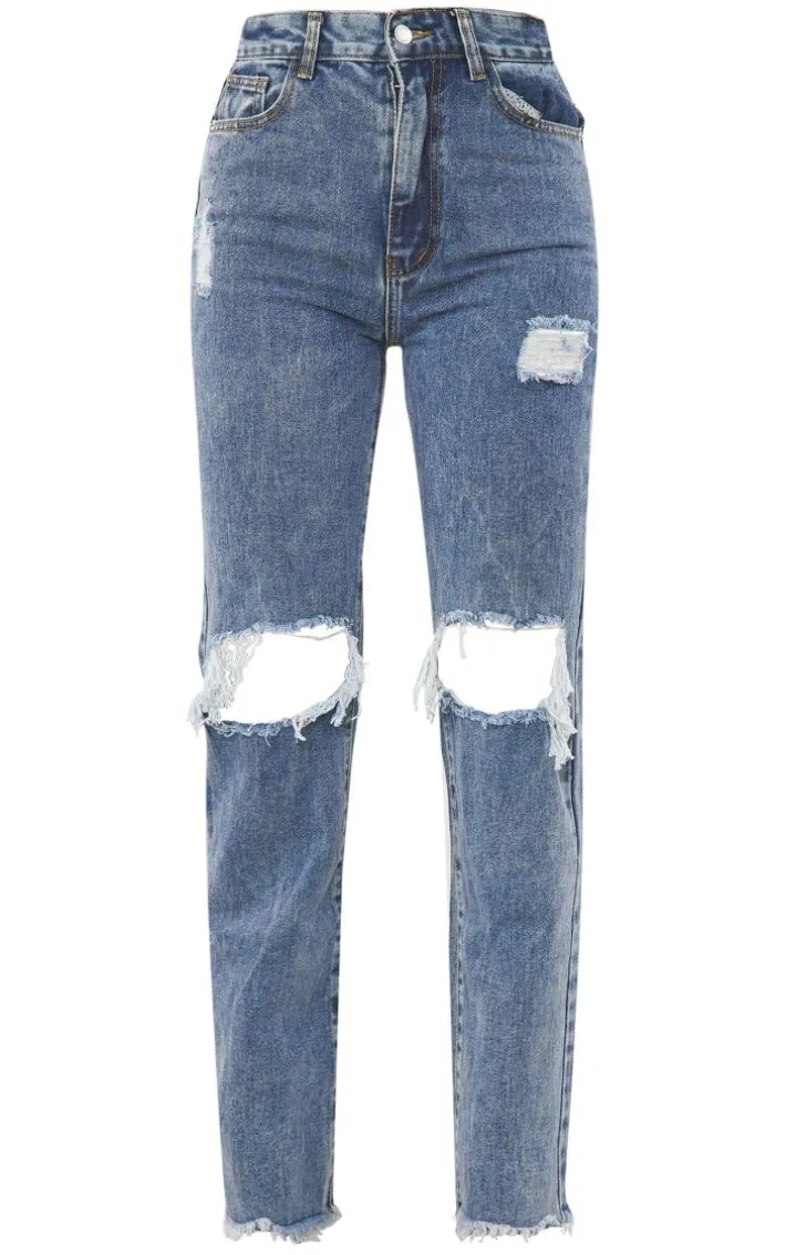 Vintage Wash High Rise Ripped Straight leg Jeans