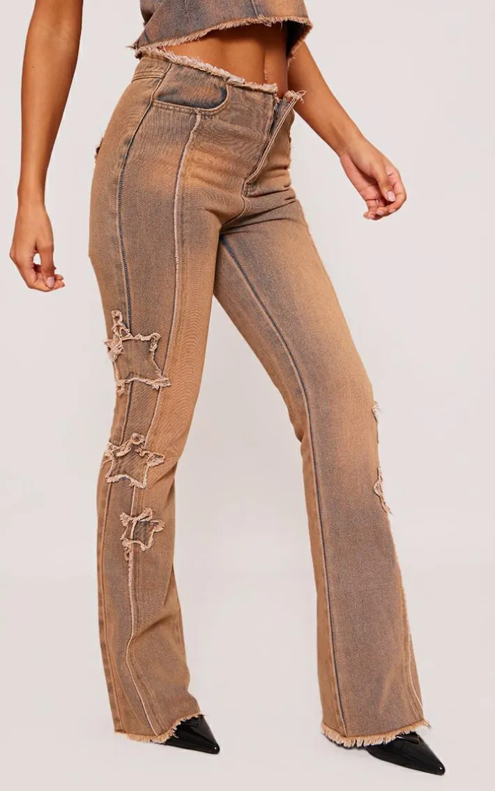 Vintage Wash Orange Tint Raw Hem Star Embroidery Flared Jeans