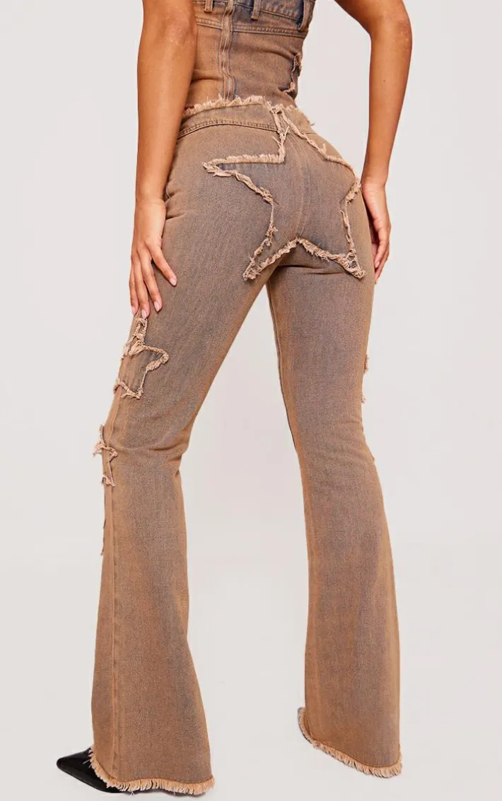 Vintage Wash Orange Tint Raw Hem Star Embroidery Flared Jeans