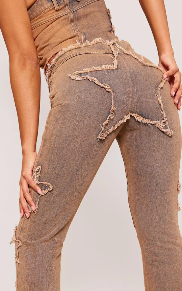 Vintage Wash Orange Tint Raw Hem Star Embroidery Flared Jeans