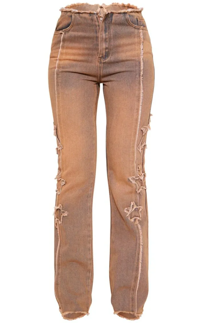 Vintage Wash Orange Tint Raw Hem Star Embroidery Flared Jeans