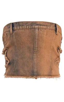 Vintage Wash Orange Tint Raw Hem Star Embroidery Bandeau Denim Top