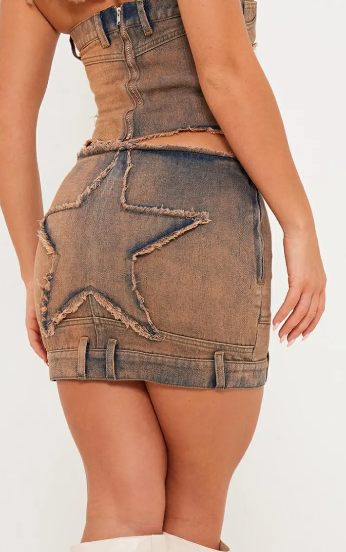 Vintage Wash Orange Tint Raw Hem Star Embroidery Denim Mini Skirt