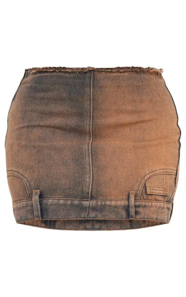 Vintage Wash Orange Tint Raw Hem Star Embroidery Denim Mini Skirt