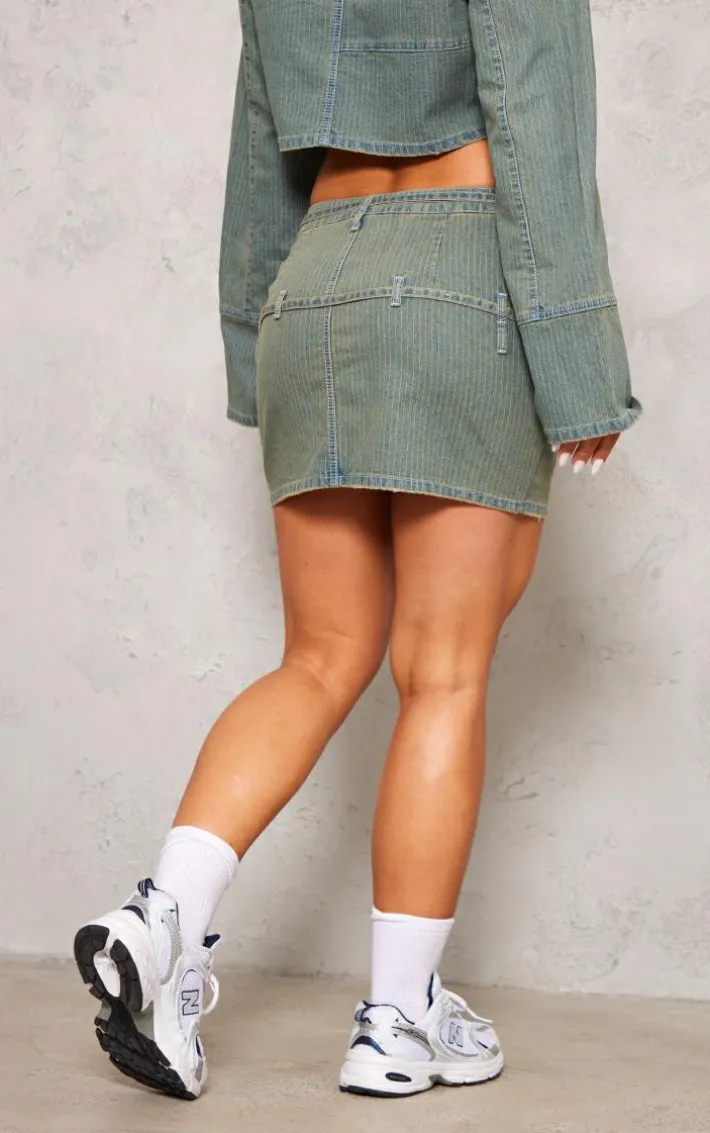 Vintage Wash Pinstripe Tie Detail Denim Mini Skirt