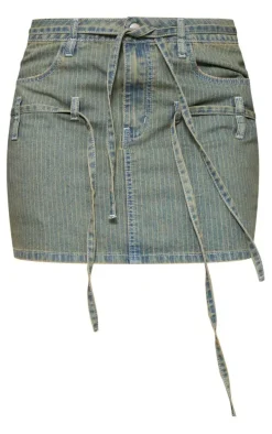 Vintage Wash Pinstripe Tie Detail Denim Mini Skirt