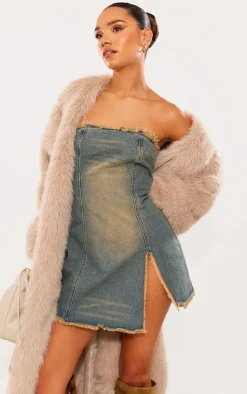 Vintage Wash Raw Edge Split Detail Denim Bandeau Mini Dress