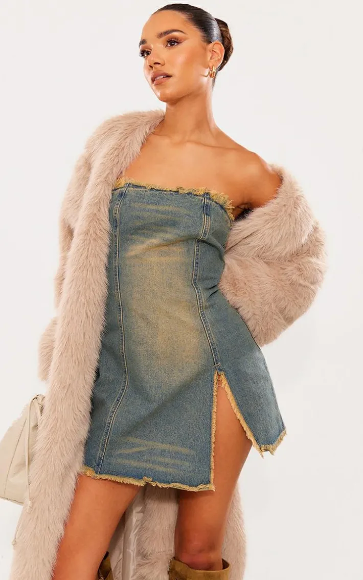 Vintage Wash Raw Edge Split Detail Denim Bandeau Mini Dress