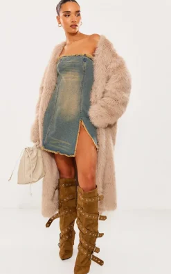 Vintage Wash Raw Edge Split Detail Denim Bandeau Mini Dress