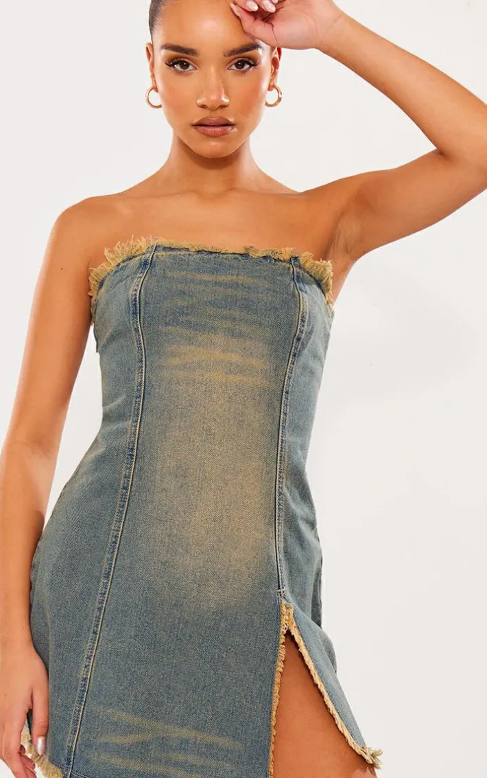 Vintage Wash Raw Edge Split Detail Denim Bandeau Mini Dress