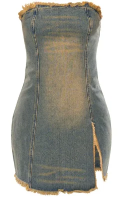 Vintage Wash Raw Edge Split Detail Denim Bandeau Mini Dress