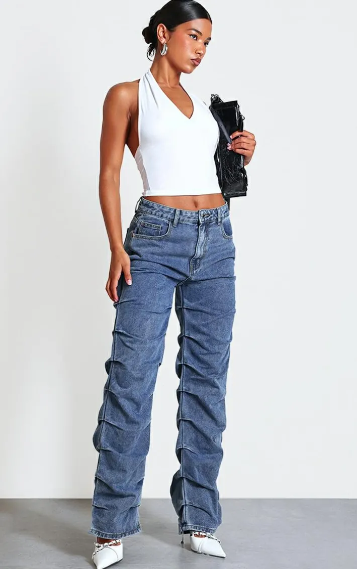 Vintage Wash Ruched Straight Leg Denim Jeans