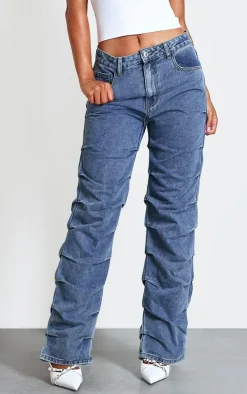 Vintage Wash Ruched Straight Leg Denim Jeans