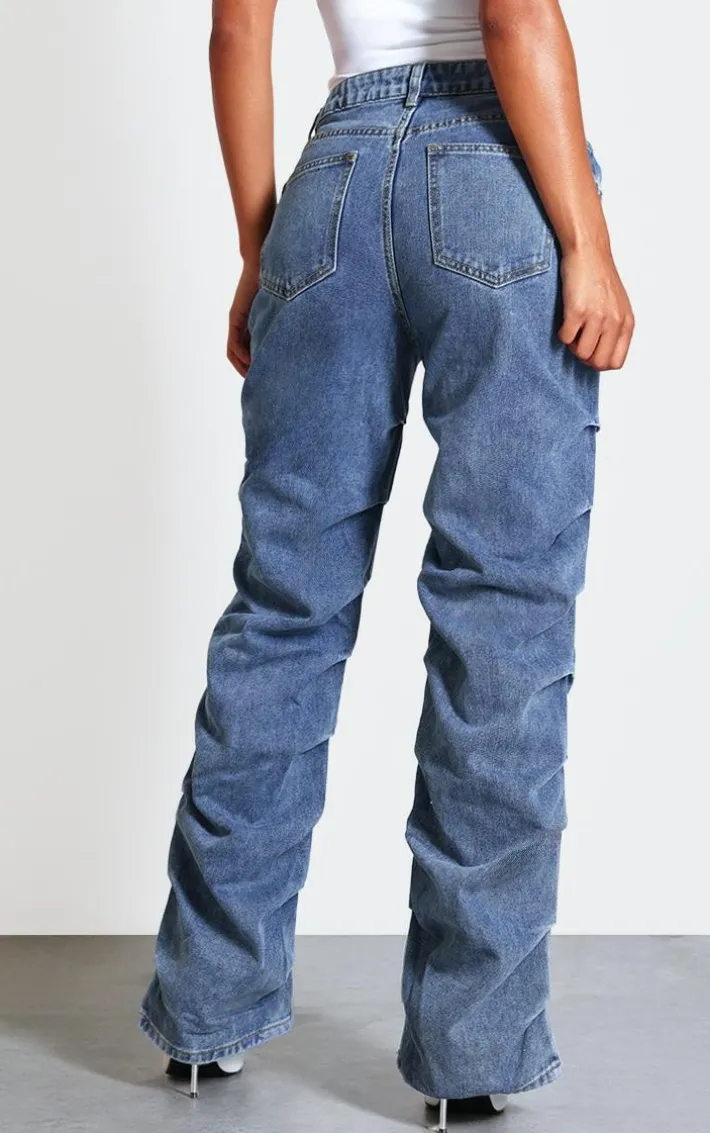 Vintage Wash Ruched Straight Leg Denim Jeans