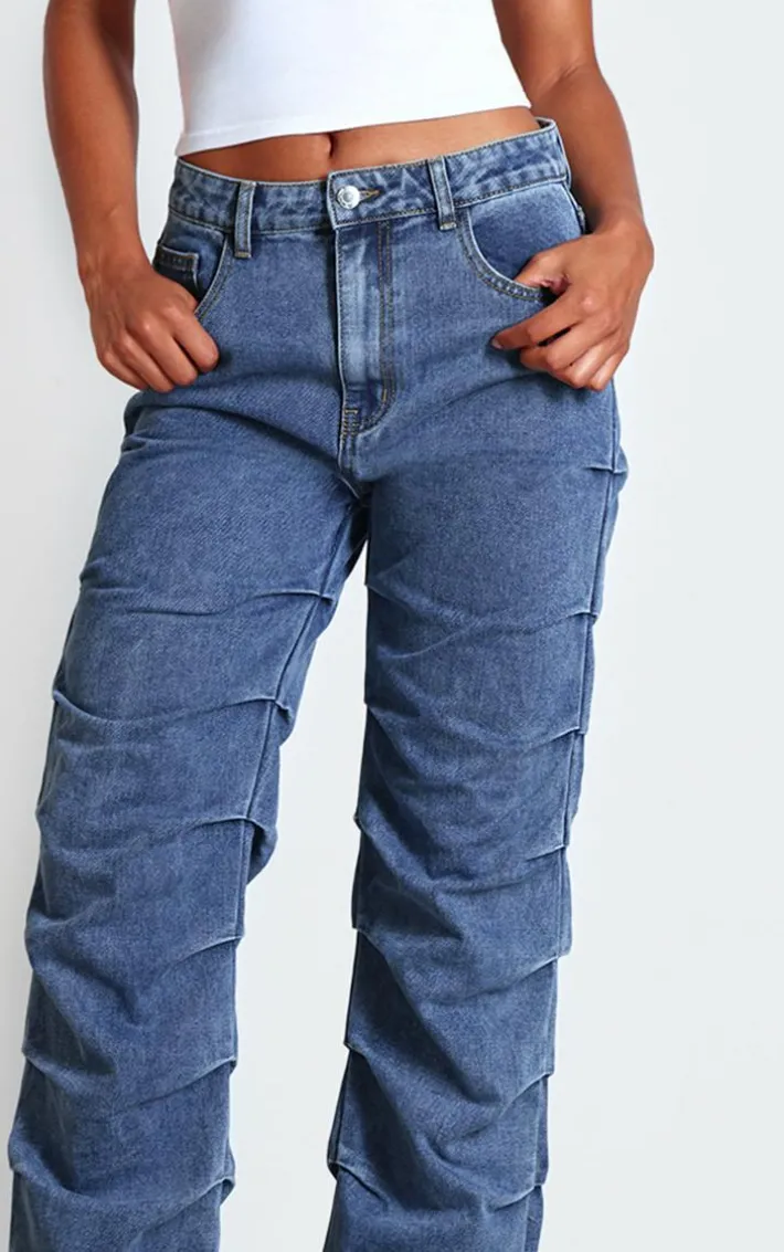 Vintage Wash Ruched Straight Leg Denim Jeans