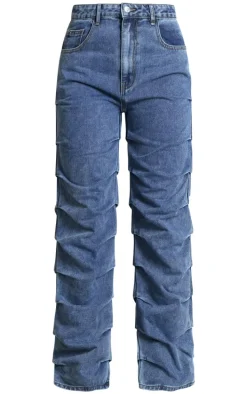 Vintage Wash Ruched Straight Leg Denim Jeans