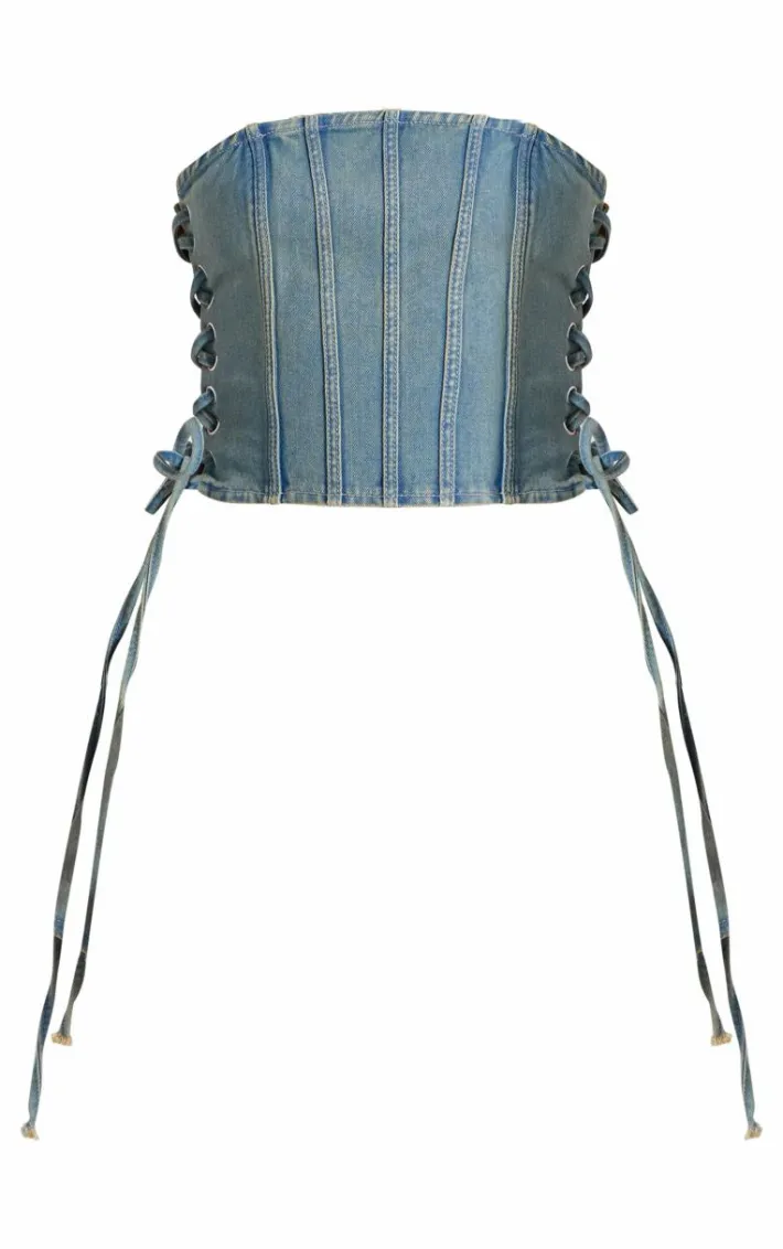 Vintage Wash Seam Detail Side Lace Up Denim Corset Top