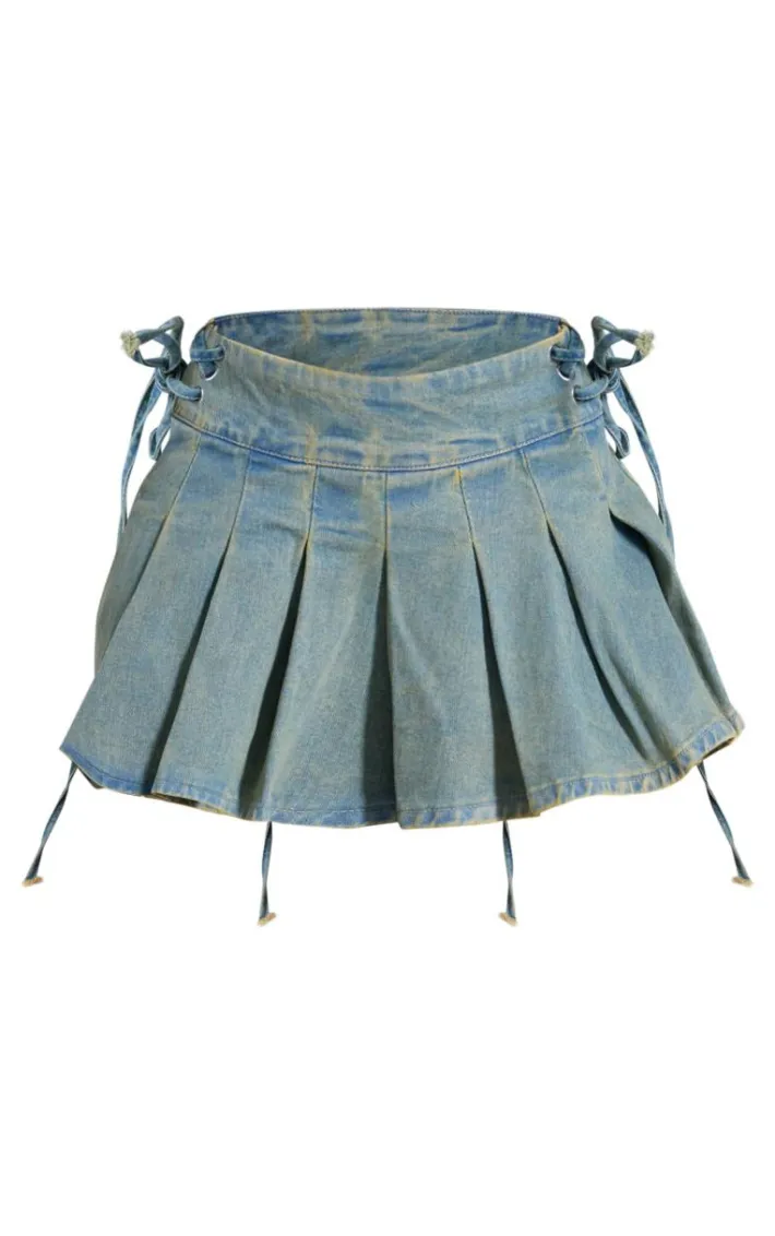 Vintage Wash Side Lace Up Pleated Denim Mini Skirt