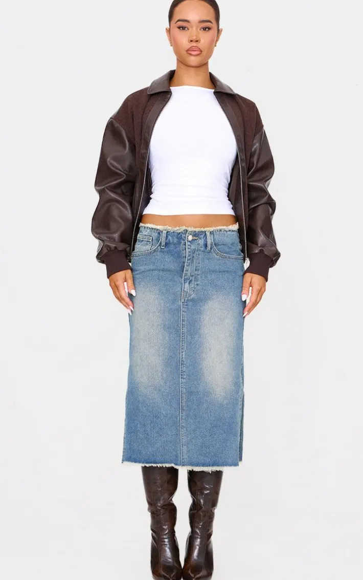 Vintage Wash Side Split Raw Hem Denim Midi Skirt