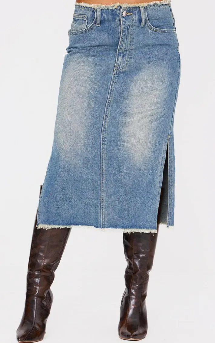 Vintage Wash Side Split Raw Hem Denim Midi Skirt