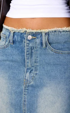 Vintage Wash Side Split Raw Hem Denim Midi Skirt