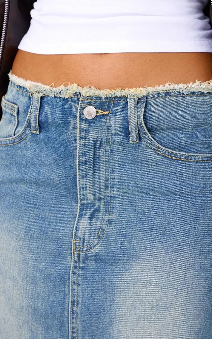 Vintage Wash Side Split Raw Hem Denim Midi Skirt