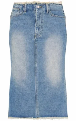 Vintage Wash Side Split Raw Hem Denim Midi Skirt