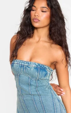 Vintage Wash Strapless Corset Seam Denim Bodycon Dress