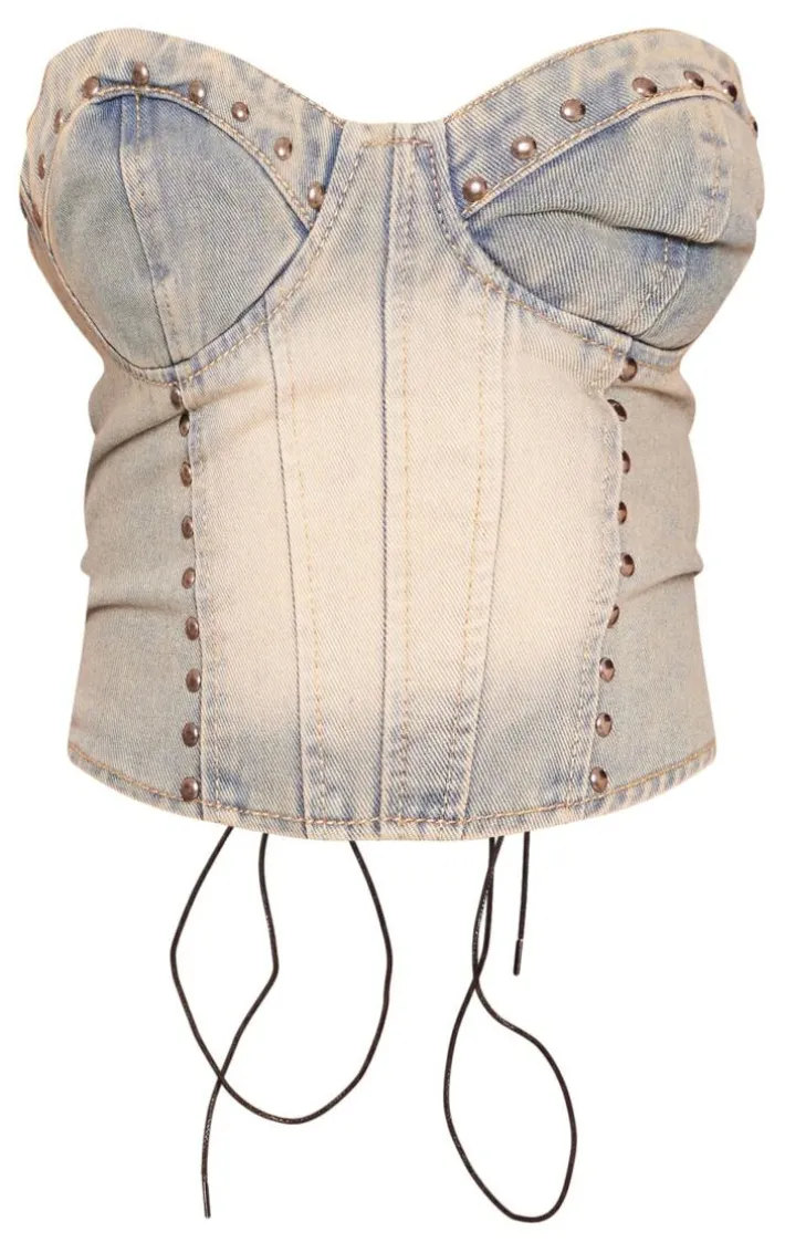 Vintage Wash Studded Bandeau Denim Crop Top