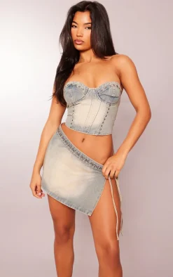 Vintage Wash Studded Tie Side Denim Mini Skirt