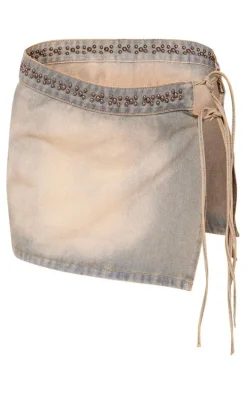 Vintage Wash Studded Tie Side Denim Mini Skirt